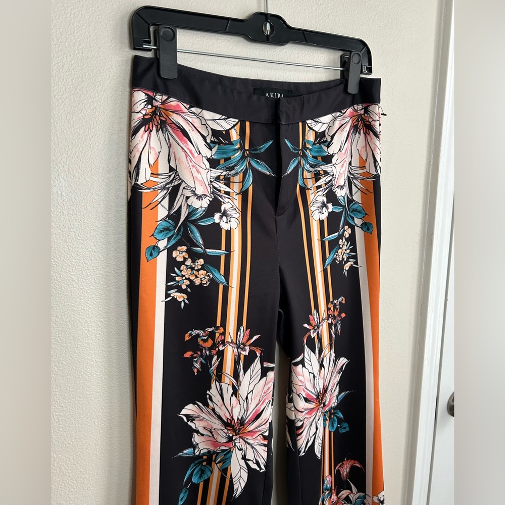 Akira High Waisted Wide Leg Flare Black Floral Striped Palazzo Pants Size M - Picture 4 of 7